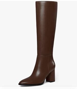TopWalks Women's Knee High Boots Pointed Toe Chunky Block Heel Brown Size 9